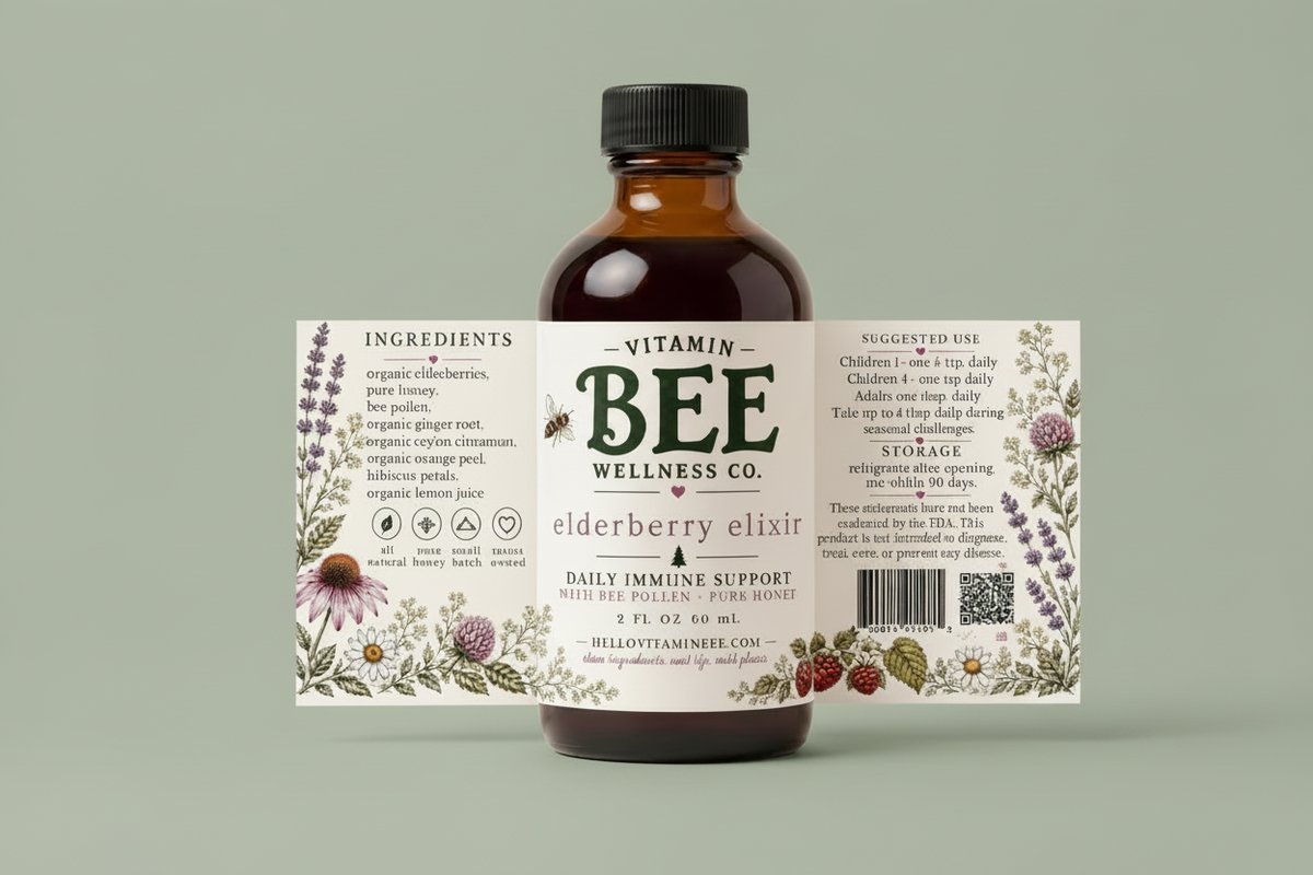 An amber glass bottle of Elderberry Elixir by Vitamin Bee Wellness Co. with a black cap, shown against a solid sage green background.