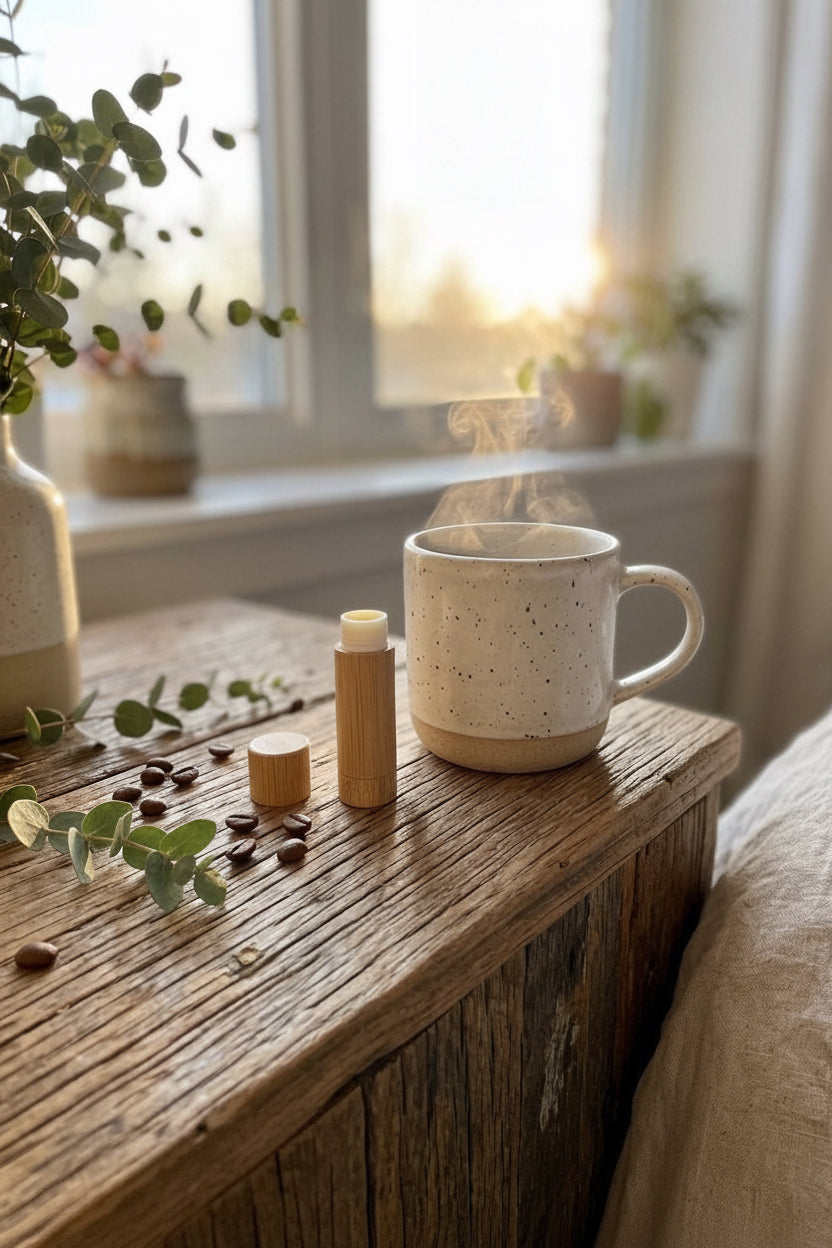 A small cylindrical wooden lip balm tube with a white cap sits on a rustic wooden bedside table next to a steaming ceramic mug, with eucalyptus leaves and coffee beans scattered nearby and a warm window in the background.