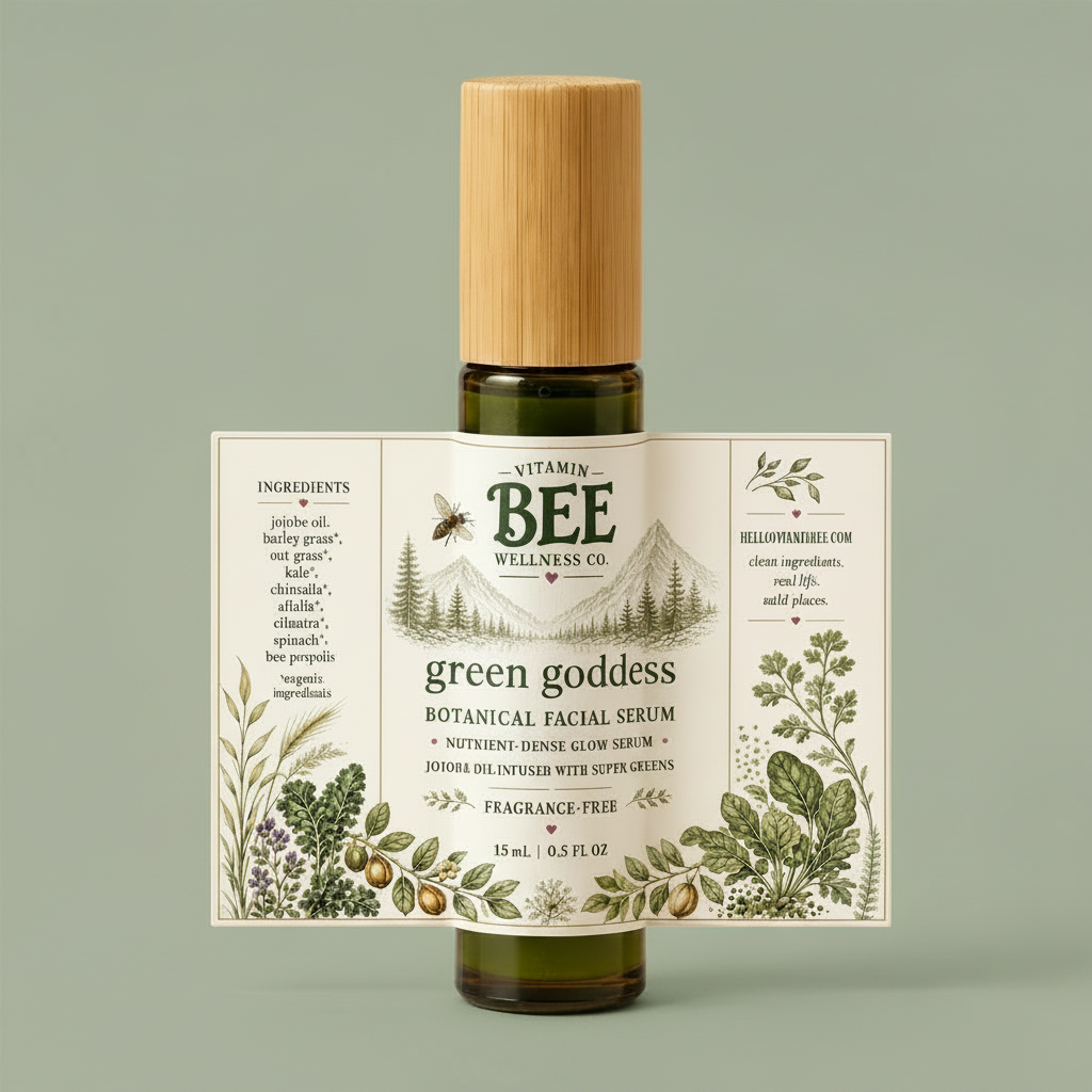 A 15 mL bottle of Vitamin Bee Wellness Co. Green Goddess Botanical Facial Serum with a light wood cap, wrapped in a detailed botanical paper label, set against a solid cream background.