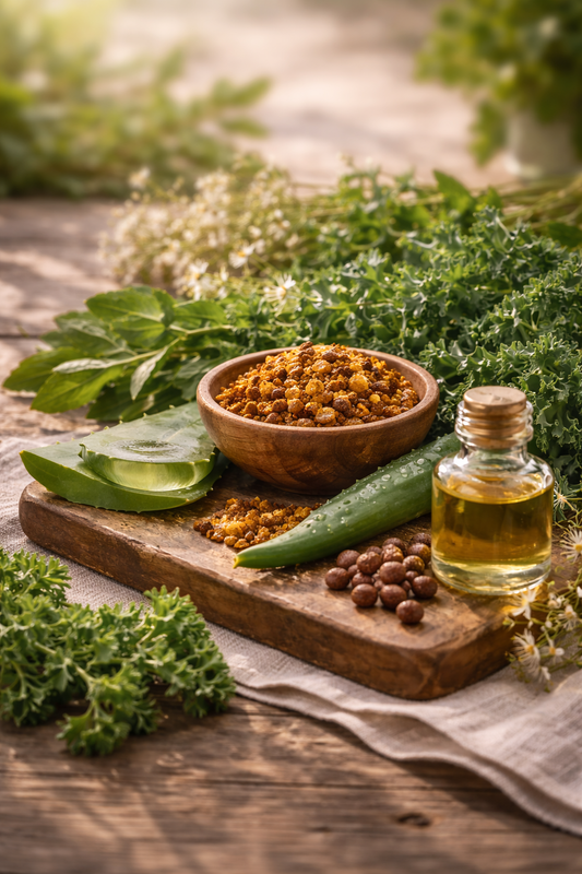 Botanical skincare ingredients including bee propolis, organic greens, aloe vera, and jojoba oil arranged on a sunlit rustic table