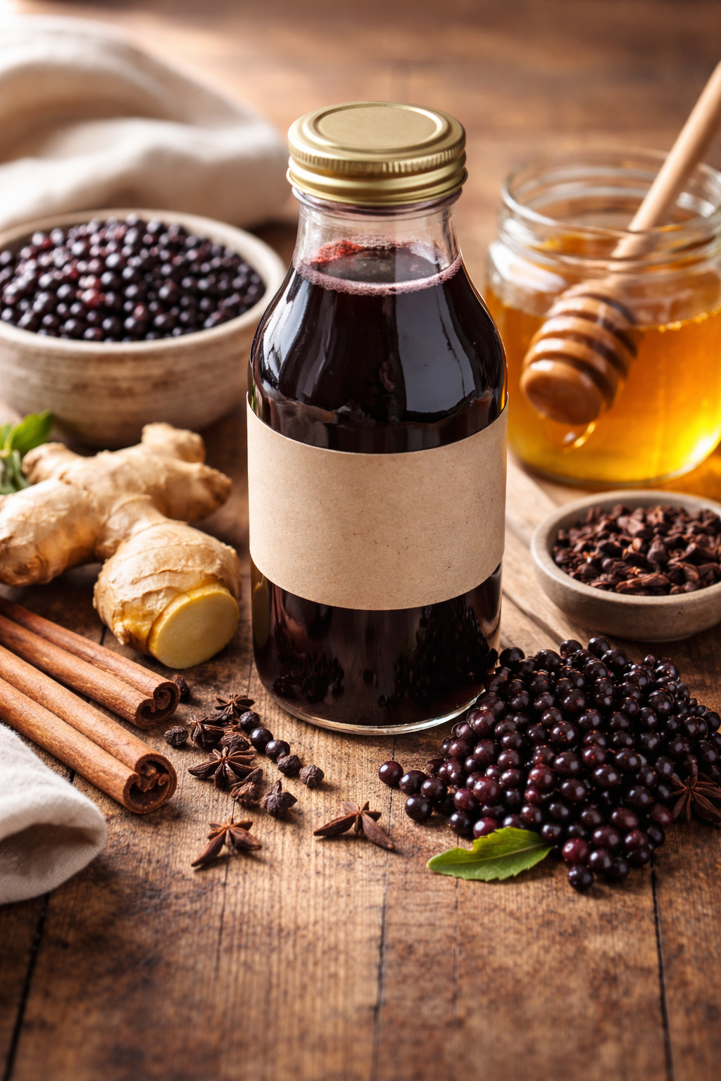 small batch honey sweetened elderberry syrup with elderberries ginger cinnamon and honey