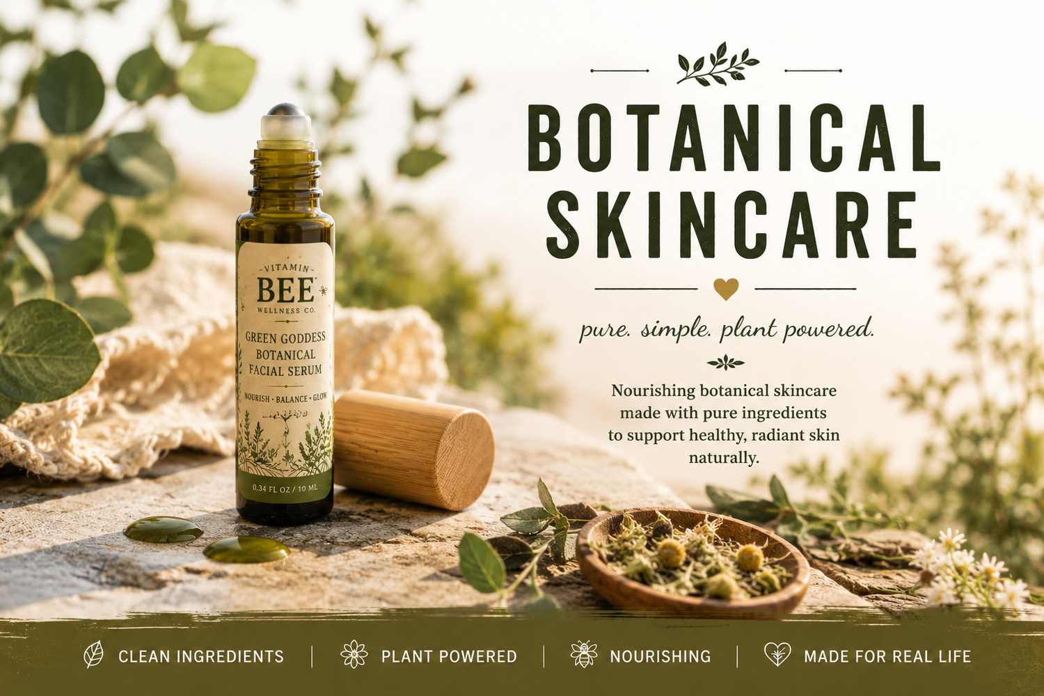 Vitamin Bee Wellness Co. Botanical Skincare collection featuring Green Goddess Botanical Facial Serum in a roller bottle with botanical ingredients in a bright natural outdoor setting.