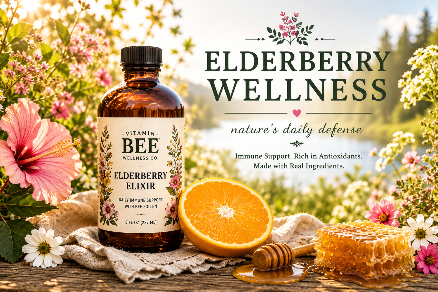 Vitamin Bee Wellness Co. Elderberry Wellness collection featuring elderberry elixir with honey, orange, and botanical ingredients in a bright outdoor wildflower setting.