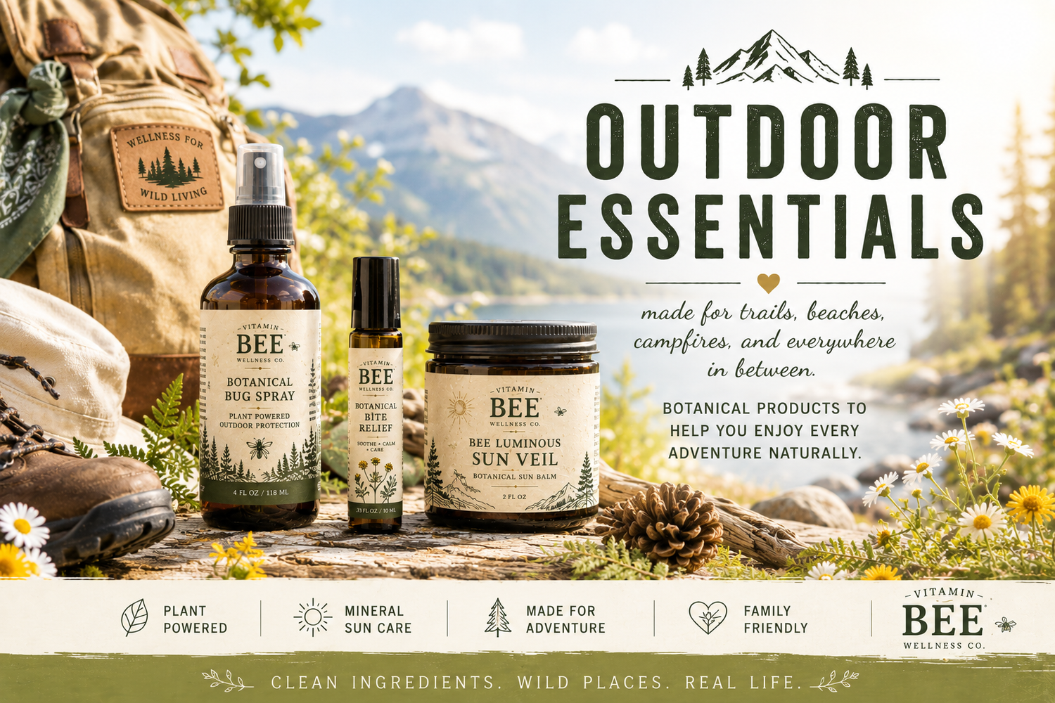 Vitamin Bee Wellness Co. Outdoor Essentials collection featuring Botanical Bug Spray, Botanical Bite Relief, and Bee Luminous Sol Veil with hiking gear in a bright mountain landscape.