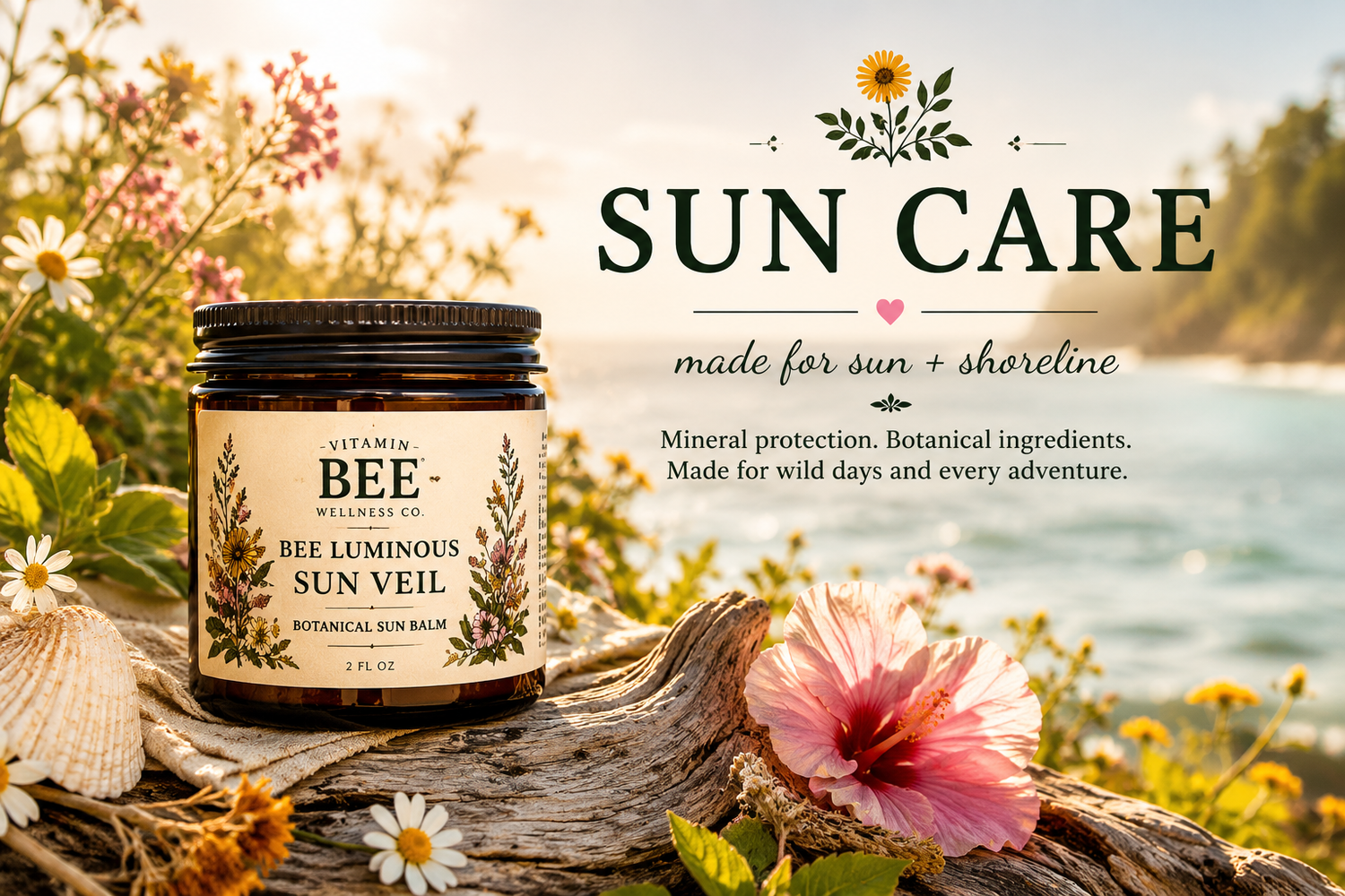 Vitamin Bee Wellness Co. Sun Care collection featuring Bee Luminous Sol Veil mineral sun balm with papaya oil, red raspberry seed oil, shea butter, and mango butter in a bright coastal outdoor setting.