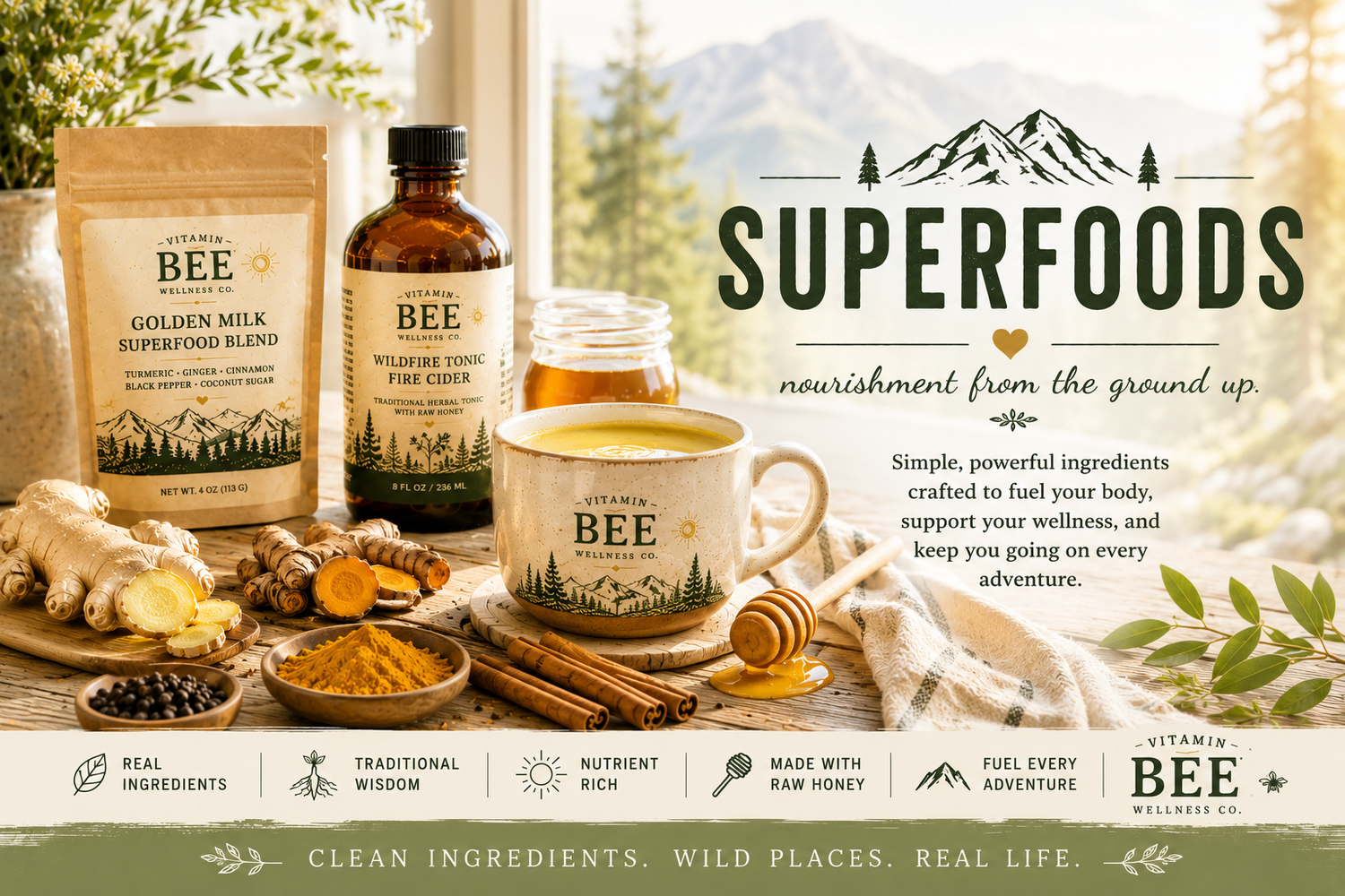 Vitamin Bee Wellness Co. Superfoods collection featuring Golden Milk Superfood Blend and Wildfire Tonic with turmeric, ginger, cinnamon, raw honey, and a warm golden milk latte in a bright rustic kitchen.