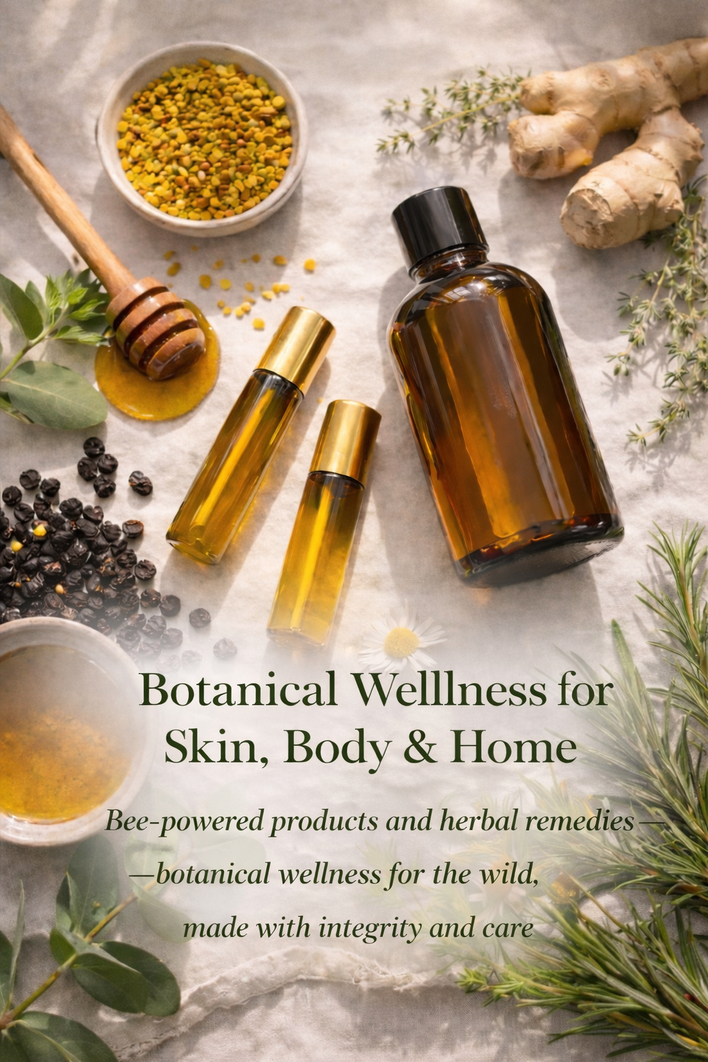 Botanical wellness products including herbal remedies, bee-powered skincare, amber glass bottles, and natural ingredients by Vitamin Bee Wellness Co.