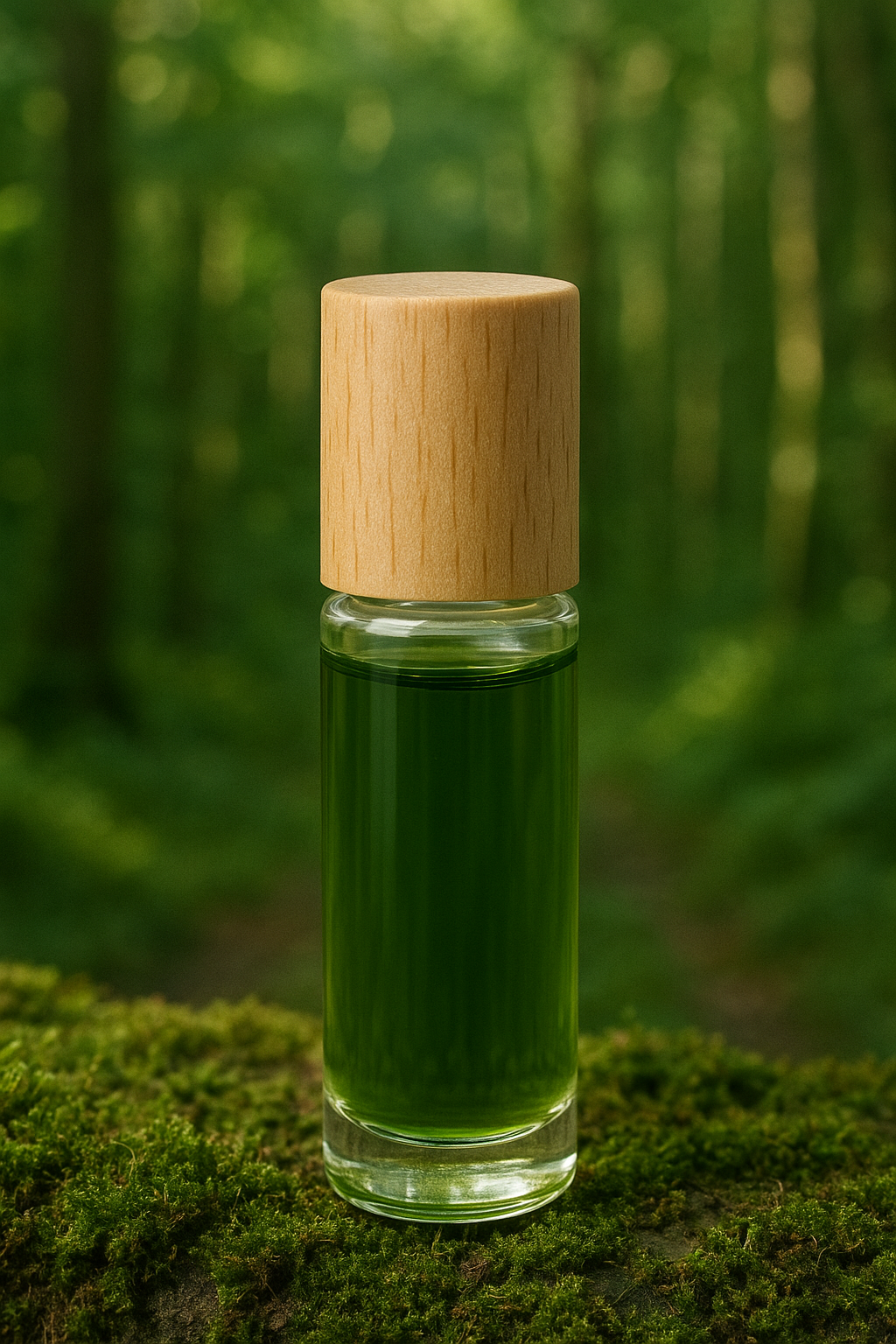 Green goddess botanical face serum with natural green ingredients in a glass roller bottle and wooden bamboo cap on a mossy surface with a blurred green background