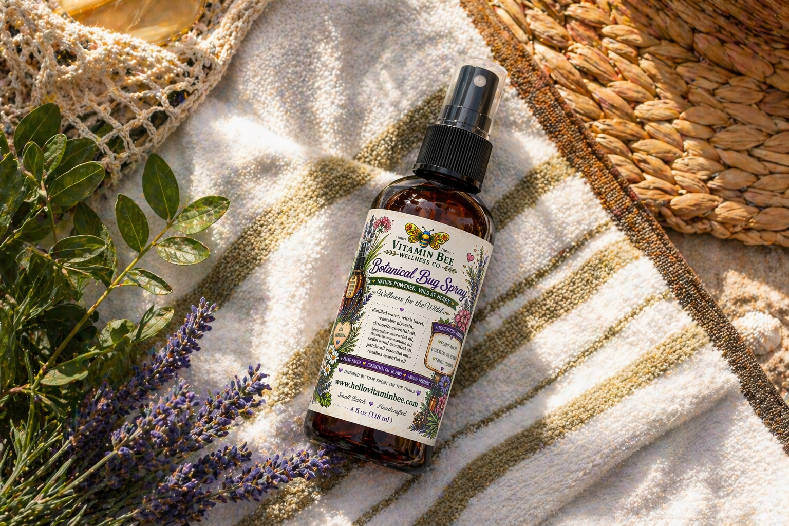 Natural bug spray for beach use, botanical mosquito repellent, DEET-free and safe for kids, plant-based insect spray on towel