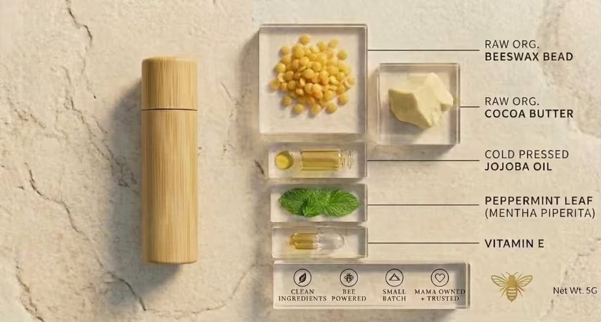 An unbranded custom bamboo lip balm tube resting vertically on a textured cream stone surface next to an elegant vertical arrangement of raw ingredients in clear geometric dishes, including beeswax beads, organic cocoa butter, cold-pressed jojoba oil, fresh peppermint leaves, and vitamin E under soft studio lighting.