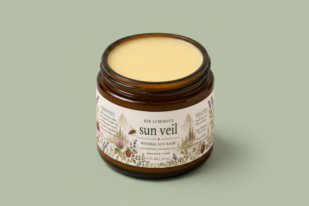 An open amber glass jar of Bee Luminous Sun Veil Mineral Sun Balm, showing the pale yellow balm inside, set against a solid light beige background.