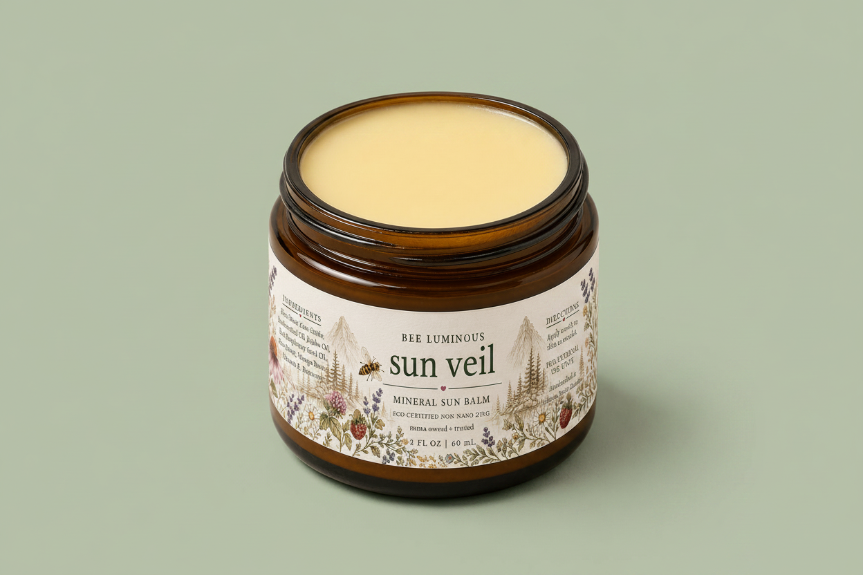 An open amber glass jar of Bee Luminous Sun Veil Mineral Sun Balm, showing the pale yellow balm inside, set against a solid light beige background.