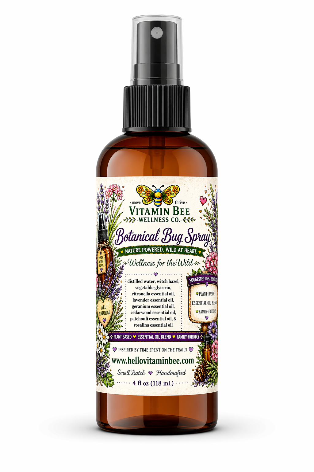 Botanical bug spray in amber bottle, natural mosquito and tick repellent, DEET-free, plant-based insect spray safe for kids