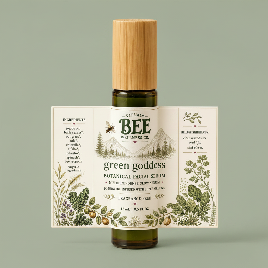 A 15 mL bottle of Vitamin Bee Wellness Co. Green Goddess Botanical Facial Serum with a light wood cap, wrapped in a detailed botanical paper label, set against a solid cream background.