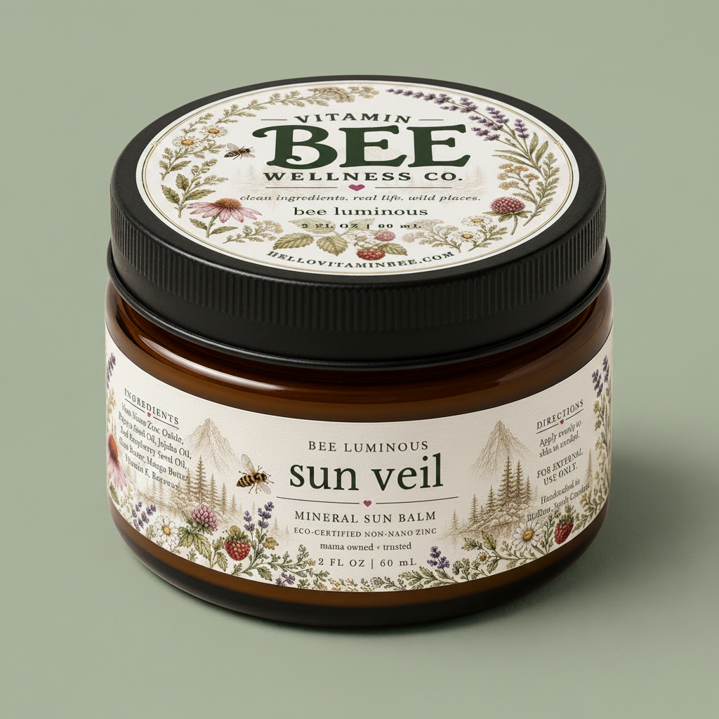 A jar of Vitamin Bee Wellness Co. Bee Luminous Sun Veil Mineral Sun Balm, featuring an amber glass jar, a black screw-on lid, and a detailed botanical label on a warm off-white background.