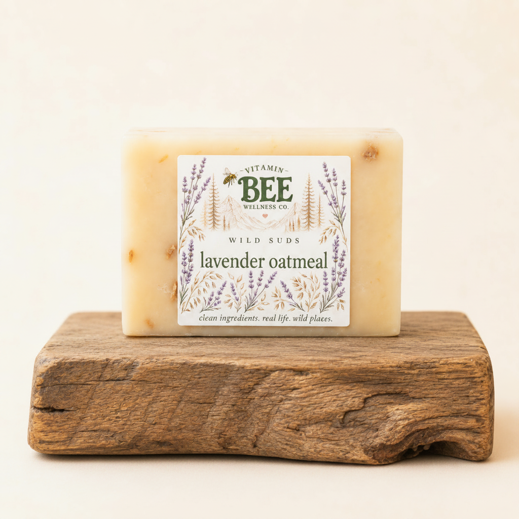 A rectangular bar of Vitamin Bee Wild Suds Lavender Oatmeal soap resting on a rustic wooden block against a warm beige background.